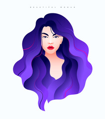 Portrait of a Beautiful girl with long violet glowing hair, Attractive woman with modest expression, Vector illustration of female model, Fashion and beauty.