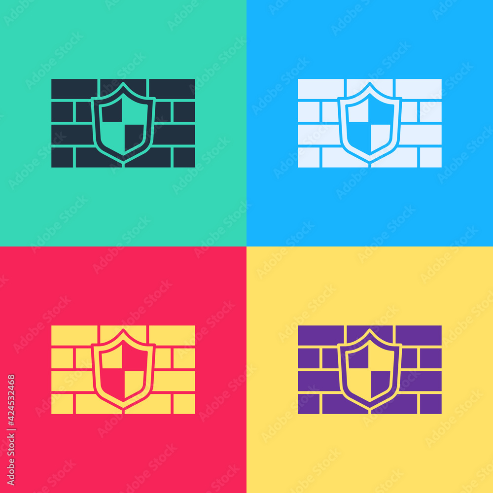 Poster pop art shield with cyber security brick wall icon isolated on color background. data protection sym