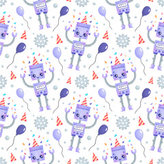 Cute cartoon birthday robots seamless pattern