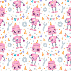 Cute cartoon birthday robots seamless pattern