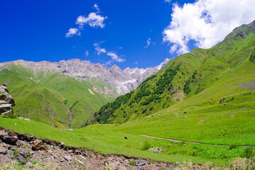 Naklejka na ściany i meble Mountain valley in the Cherek-Balkarsky river gorge in the vicinity of Ushtulu