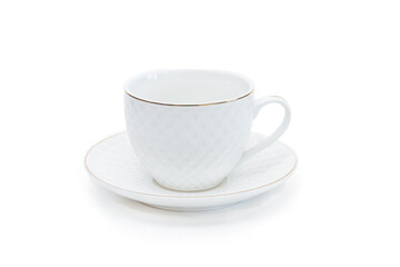 White porcelain tea cup with saucer and gold border. Isolated on white background
