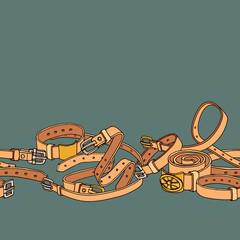 horizontal seamless pattern of leather belts with metal buckles, pet collars, frame, border, color vector illustration with brown contour lines on a green background in cartoon and hand drawn style