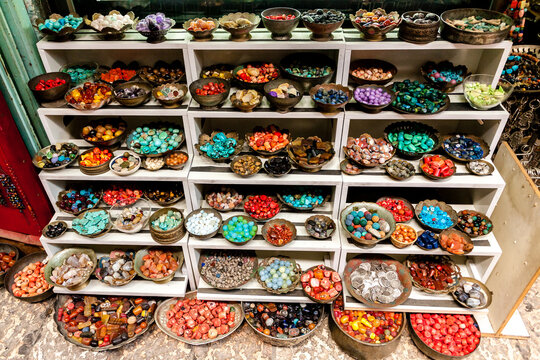Multi colored semi precious stones on the street market in Tel Aviv, Israel