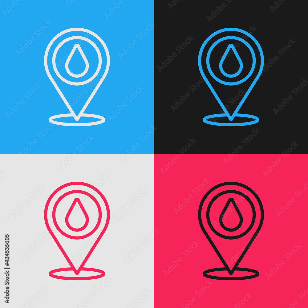 Poster pop art line water drop with location icon isolated on color background. vector