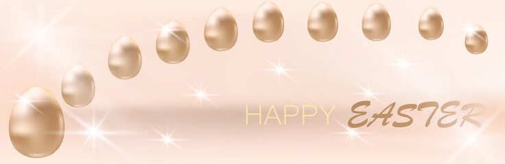 Easter poster or banner template with golden Easter eggs  in light beige background.  Greeting card trendy design. Vector illustration template for you poster or flyer.
