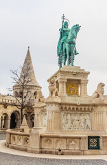 Fototapeta na wymiar Monument of St. Stephanthe. Historical Buda Castle district listed as World Heritage by UNESCO, Fisherman's Bastion, Neoromanesque. Hungary, Budapest