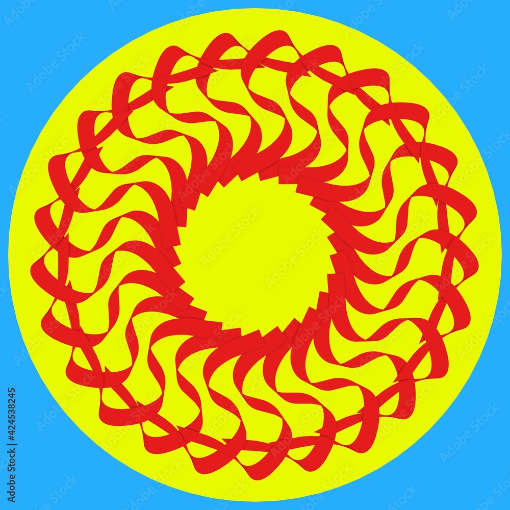 Poster red circular pattern in the form of the sun on a blue background. striped decor. framing. 3d renderi