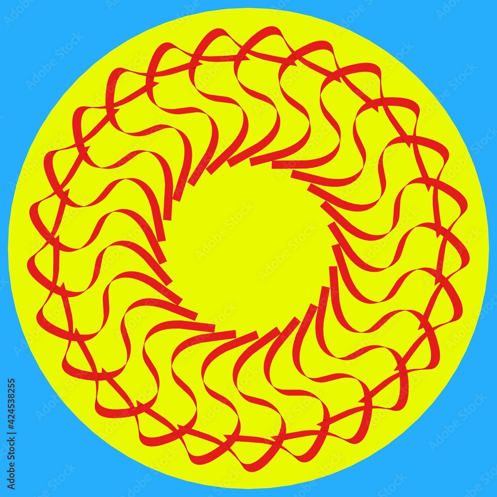 Poster red circular pattern in the form of the sun on a blue background. striped decor. framing. 3d renderi