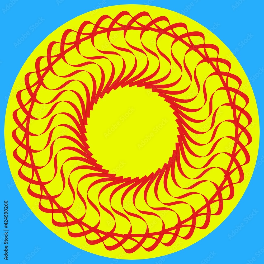Poster red circular pattern in the form of the sun on a blue background. striped decor. framing. 3d renderi