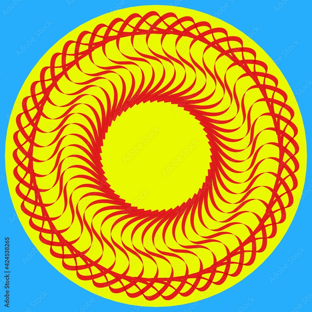 Poster red circular pattern in the form of the sun on a blue background. striped decor. framing. 3d renderi