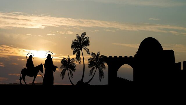Mary and Joseph on the way of Bethlehem, Time Lapse at Sunrise with Colorful Clouds