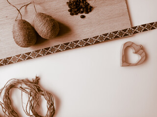 Vintage Easter symbols. Eggs decorated with natural rope.