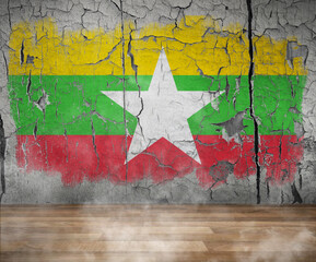 Myanmar Flag Paint on empty Cracked wall room and Wooden Floor with smoke Single Flag  