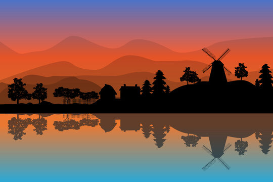 Landscape with windmill, houses and trees at sunset on hills backdrop. Village scenery with reflection in the water. Countryside panorama on the coast on evening in summer. Stock vector illustration