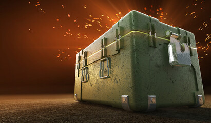 army box with loot boxes and glow inside. text box. 3d rendering