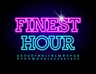 Vector bright Sign Finest Hour with blue Uppercase Font. Neon glowing Alphabet. Illuminated Letters and Numbers set