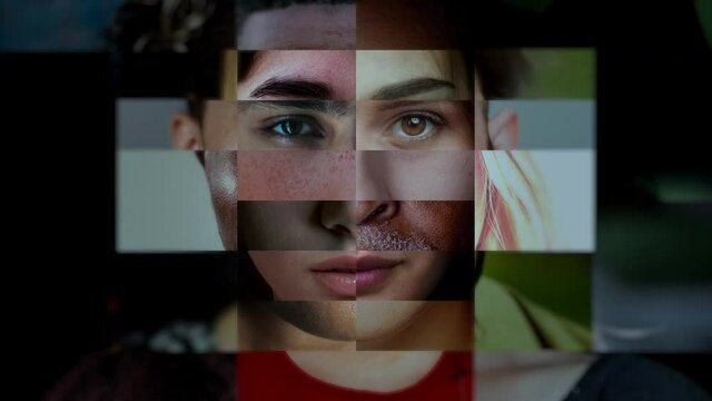 Human face composite. Different elements of people of mixed age, gender, race and sex combined in one global portrait animation