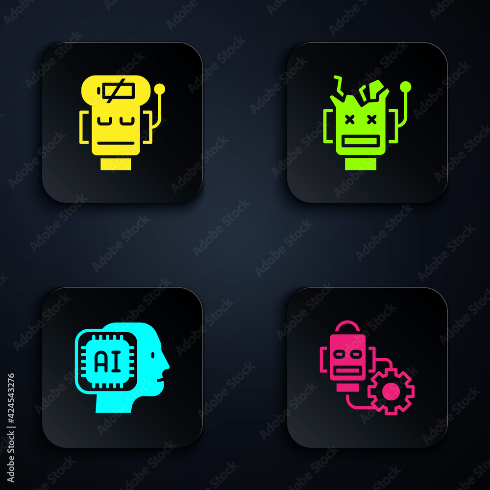 Poster set robot setting, low battery charge, humanoid robot and broken. black square button. vector