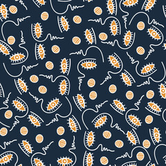 Seamless vector colorful pattern illustration design of lined abstract faces in pastel colors on dark blue