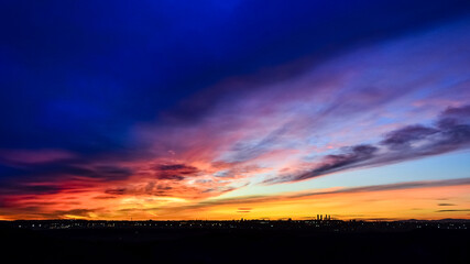 panoramic of the skyline of the city of Madrid at sunset