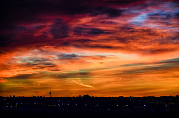 panoramic of the skyline of the city of Madrid at sunset