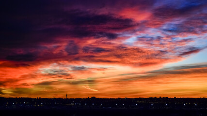 panoramic of the skyline of the city of Madrid at sunset