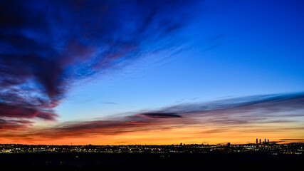 panoramic of the skyline of the city of Madrid at sunset