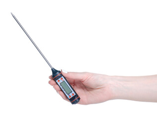 Digital food thermometer in hand on white background isolation