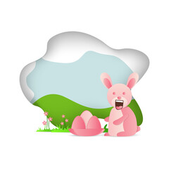 Illustration funny bunny easter and egg paper cut design