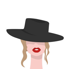 Portrait of woman in hat on white background. The face of beautiful girl with red lips.