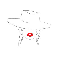 Woman in hat on white background. Line drawn face of girl with red lips. 