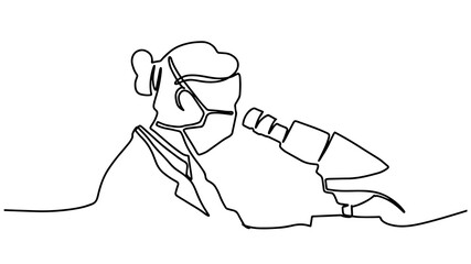 One continuous line drawing of female scientist researching antibiotic formula using microscope to find covid vaccine. Coronavirus medical research concept single line draw design vector illustration.