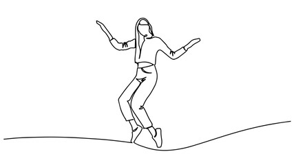 Continuous line drawing of happy jumping woman athlete. Happy jumping woman. Continuous one line drawing. Vector illustration. Continuous line drawing of jumping girl. A woman jump looks happy,