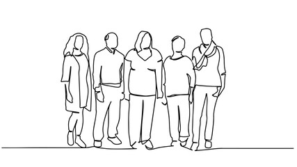 Group of people continuous one line vector drawing. Family, friends hand drawn characters. Crowd standing at concert, meeting. Women and men waiting in queue. Minimalistic contour illustration.
