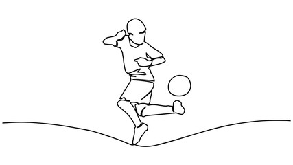 A kid playing football one continuous line drawing vector illustration isolated on white background. Minimalist design concept. One continuous single drawing line art doodle boy, ball, soccer, sport.