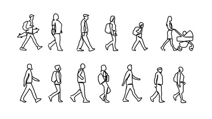 Set of one line drawing people walking. Set of diversity of people. Young, old, mom, children, man. woman walking. Continuous line drawing of different people.