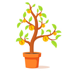 Obraz premium Growing money tree.Financial growth concept.Tree in flower pot.Plant with gold coins.Cash dividends.Profit growth up.Isolated on white background.Vector flat illustration.