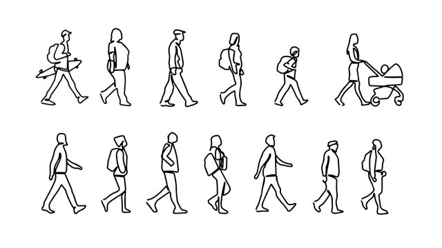 Set of one line drawing people walking. Set of diversity of people. Young, old, mom, children, man. woman walking. Continuous line drawing of different people.