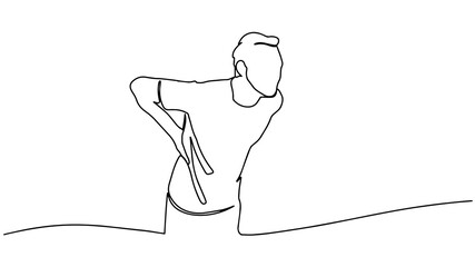Continuous line drawing of man suffering from back pain. Healthcare and problem concept of man suffering from pain in back. One line illustration of pain in the back.