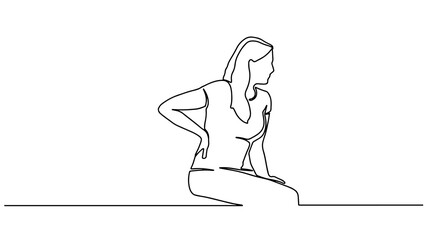 Continuous line drawing of woman suffering from back pain. Healthcare and problem concept of woman suffering from pain in back. One line illustration of pain in the back.