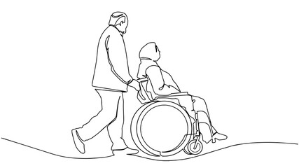 Continuous one line drawing of a young man pushing wheelchair with disabled old woman. Helping elderly, disable people and sick people. Humanity concept minimalist style. Vector illustration