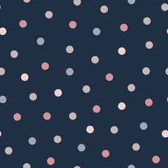 Polka dot seamless vector pattern. Pink, grey and beige dots, spots, confetti on navy blue background for cute holiday design, kid and fashion textile, package, scrapbooking, wrapping paper, card
