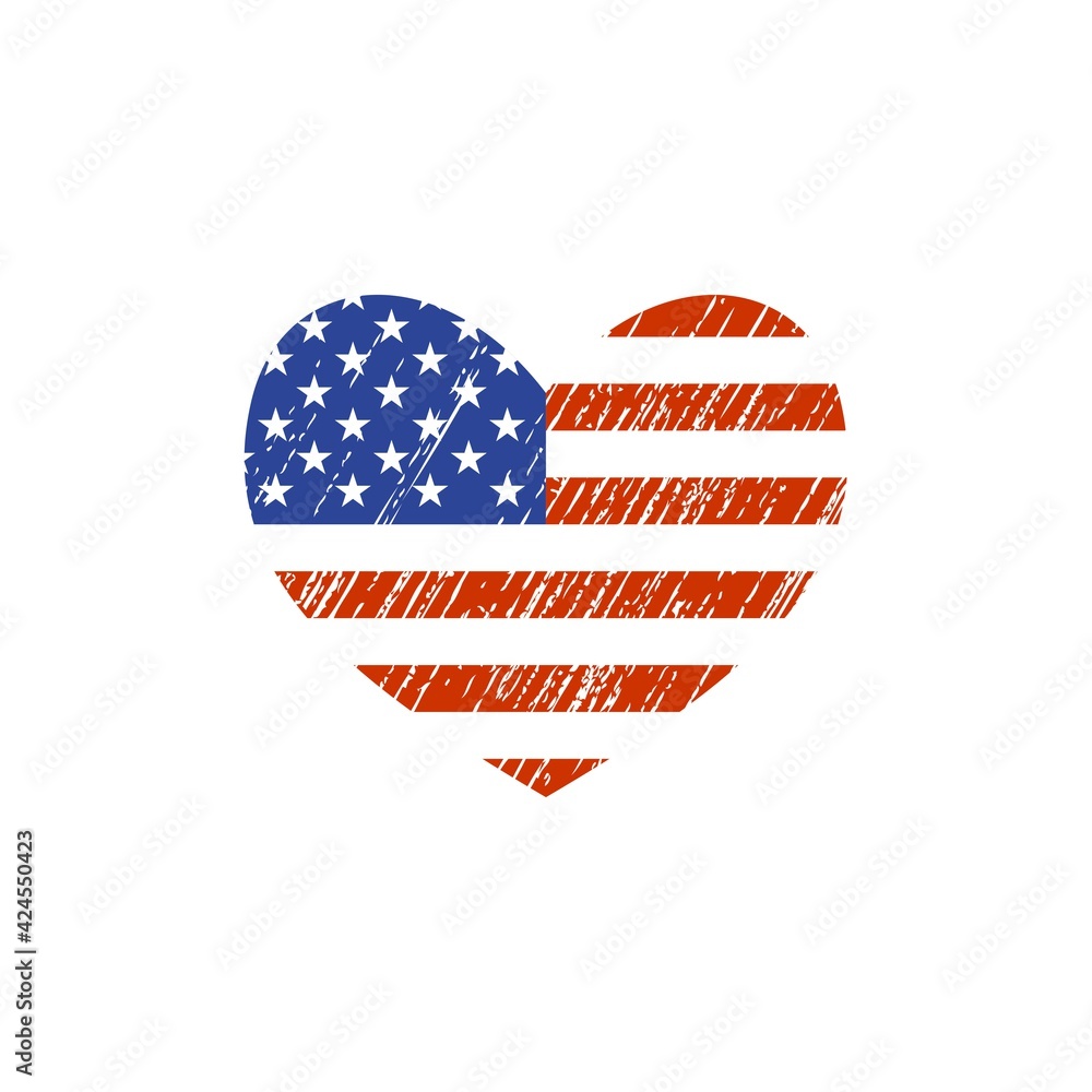 Wall mural i love usa - american flag in heart shape retro vintage grunge style vector illustration isolated on