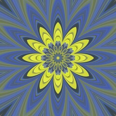 Fototapeta na wymiar geometric kaleidoscopic hexagonal patterned design in shades of blue and yellow on a black background