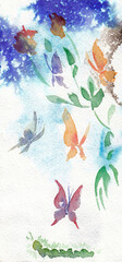 Caterpillar and lot of butterflies among flowers closeup artwork