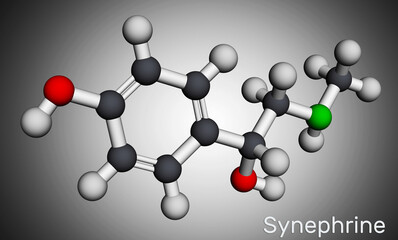 Synephrine, p-synephrine molecule. It is phenethylamine alkaloid. Molecular model. 3D rendering.