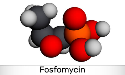 Fosfomycin, phosphomycin, phosphonomycin molecule. It is synthetic antibiotic with antimicrobial, bactericidal properties. Molecular model. 3D rendering