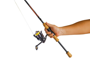 Hand of man hold a fishing rod for catching.