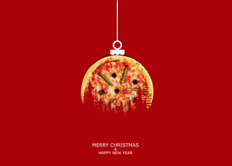 Pizza with Christmas and New Year concept. Isolated on Red Background.